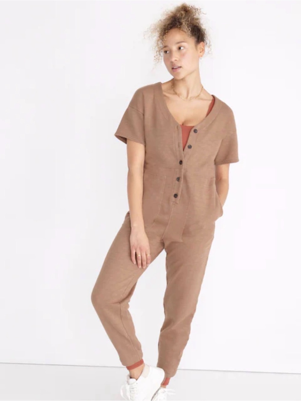 Madewell Tan Short-Sleeve Button Front Jumpsuit